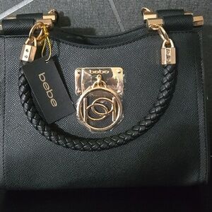 bebe Black Satchel with Gold Hardware and Braided Handles